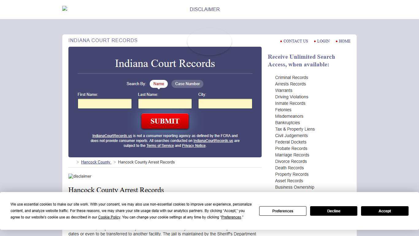 Hancock County Arrest Records IndianaCourtRecords.us