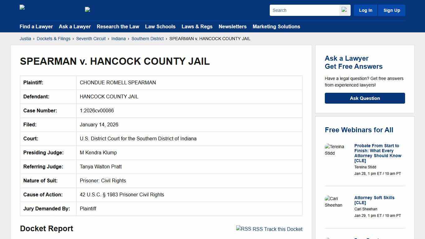 SPEARMAN v. HANCOCK COUNTY JAIL 1:2026cv00086 U.S. District Court for the Southern District of Indiana Justia