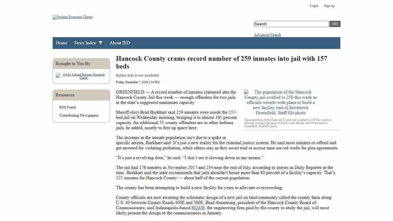 Hancock County crams record number of 259 inmates into jail with 157 beds - Indiana Economic Digest